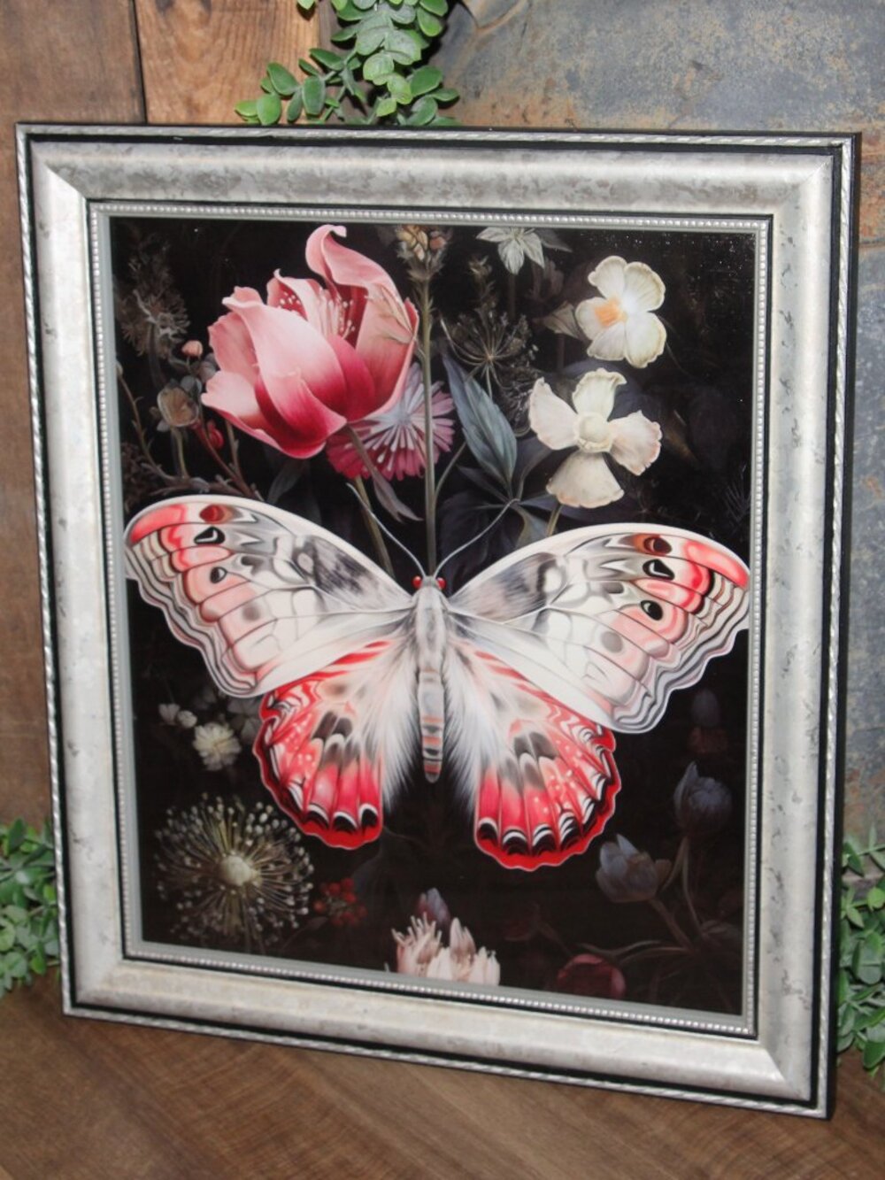 Dark Moody BOHO Farmhouse Butterfly Moth & Floral Wall Decor Picture